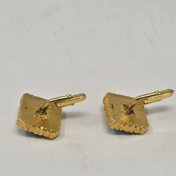 VINTAGE 1960S GOLD TONE BLUE RIVOLI CUFFLINKS MENSWEAR CLASSIC 1" SQUARE MCM - Picture 9 of 11